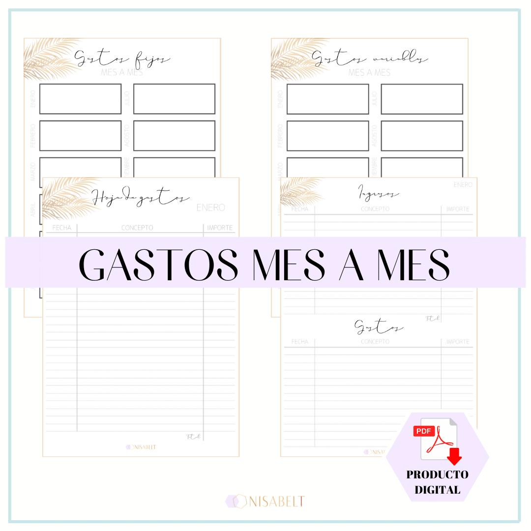 Hoja gastos mes a mes palmeras Hoja de gastos fijos con vista anual. Hoja de gastos variables con vista anual. Hoja de gastos individual por mes (12 plantillas) Hoja de ingresos individual por mes (12 plantillas) Hoja de ingresos y gastos por mes (12 plantillas) En total son 38 plantillas,  elige la versión que más se adapte a tus circunstancias y necesidades y controla al detalle tu economía.